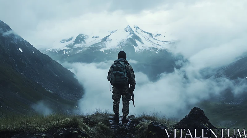 Solitary hiker surveys fog-filled alpine valley under snow peaks