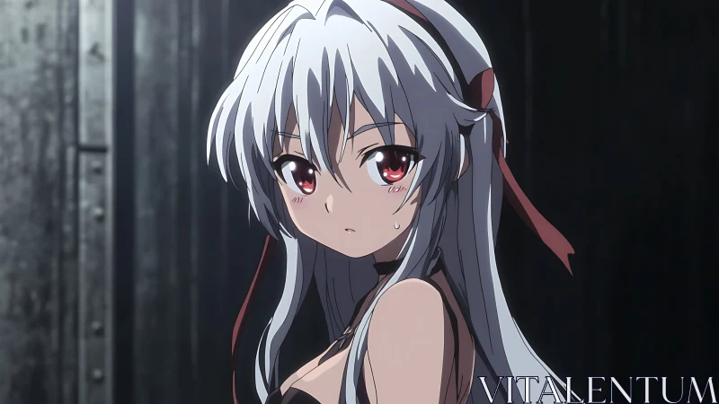 Silver haired anime girl with red eyes in moody lighting.