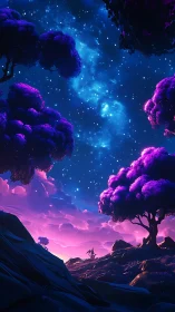 Celestial valley under neon nebula sky in digital painting.