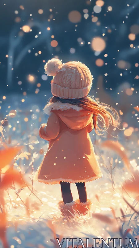 Winter child in orange coat under glowing snowfall twilight.