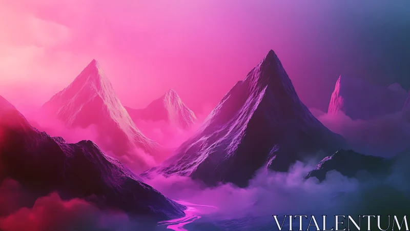 Neon twilight mountains over glowing mist valleyscape.