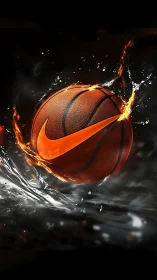 Fiery orange basketball with swoosh amid water and sparks.