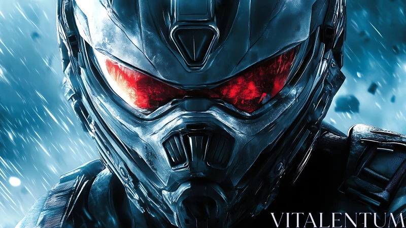 Armored cyber soldier glares through glowing red visor.