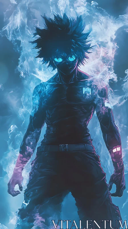 Blazing hero stands strong in swirling blue and violet energy