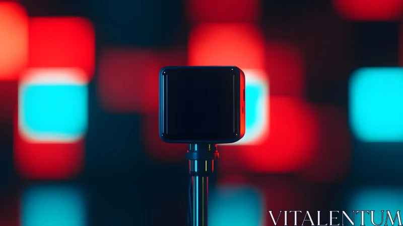 Modern action camera on tripod with colorful neon bokeh background.