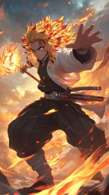 Blazing swordsman hurls sunlit fire through a stormy sky