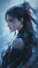 Stoic warrior woman in cold blue portrait lighting.