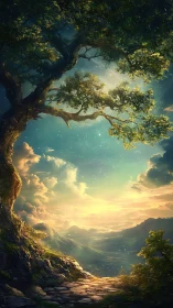 Golden mountain valley glows beneath an ancient guardian tree