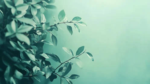 Soft Green Foliage Branch on Pastel Background, Minimalist Style.