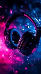 Over ear headphones suspended in neon bokeh environment