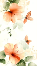 Delicate Orange Hibiscus Blossoms with Butterflies.