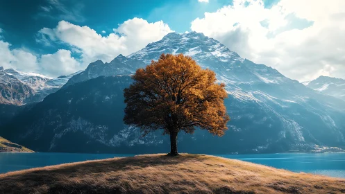Solitary autumn tree centered against glacial alpine lake backdrop