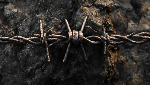 Rusty barbed wire cuts across dark rock in harsh light