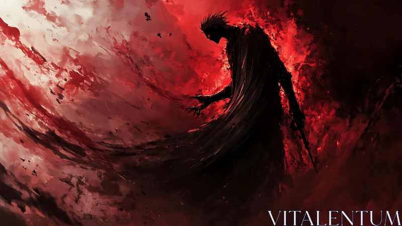 Dark figure framed by swirling red and black energy forms.