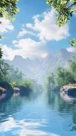 Serene alpine river with reflective water and misty peaks.