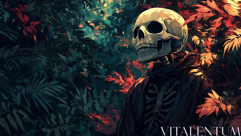 Skeletal wanderer stands in vivid autumn forest twilight.