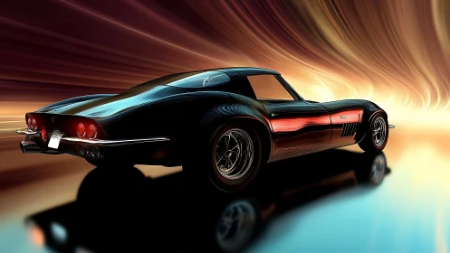 Retro black sports car in luminous motion blur tunnel scene.