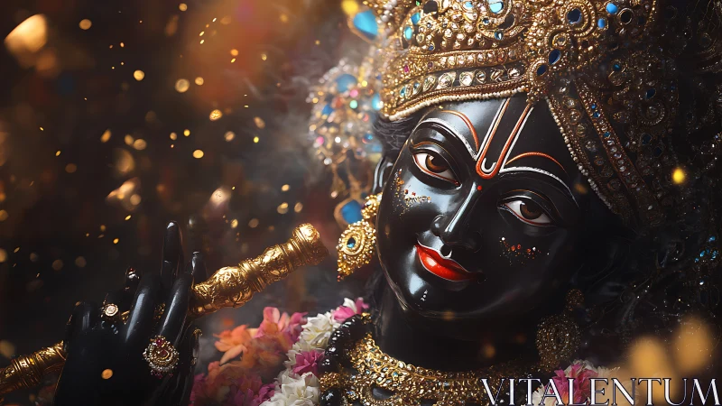Divine black Krishna idol glows amid golden festive lights.