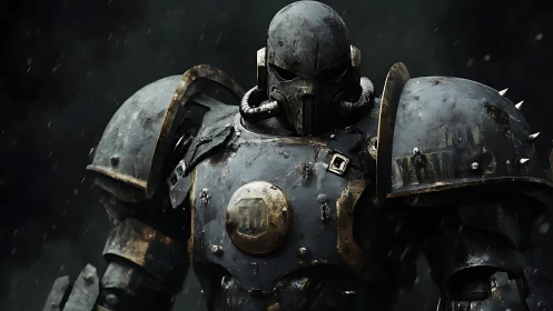 Storm-scarred power knight in rain-lashed battle armor.