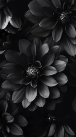 Black and white dahlia flowers arranged in monochromatic botanical composition