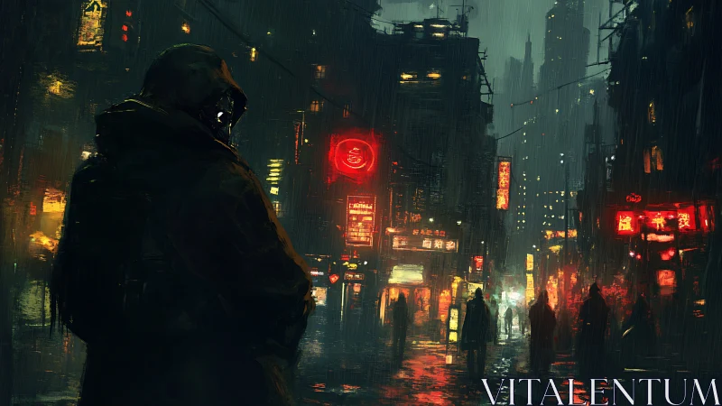 Hooded watcher in neon-soaked cyberpunk rainstorm street.