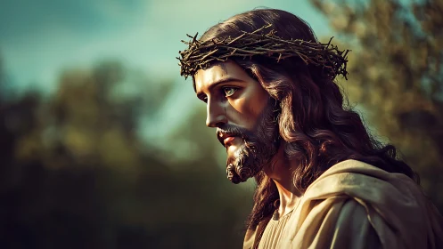 Crowned figure with thorns gazes downward in warm evening light