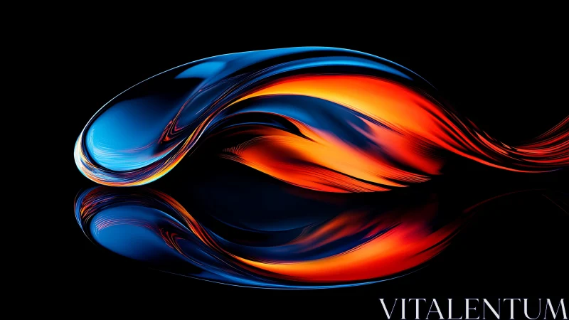 Fluid neon ribbon curves across a dark reflective void