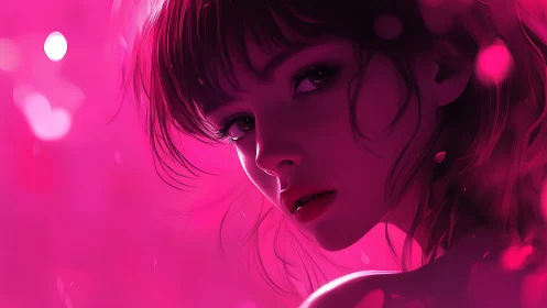 Digital painting portrait in neon magenta backlight profile study.