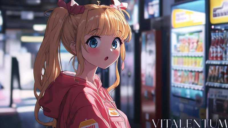 Blonde ponytailed girl in red hoodie near vending machines.
