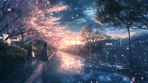 Twilight cherry blossoms paint a mirrored street in soft hush