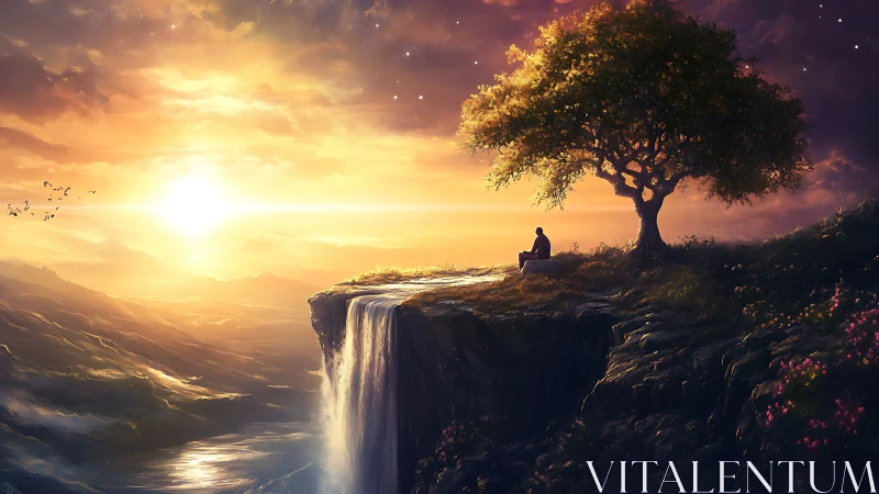Solitary dreamer gazes over waterfall at radiant sunset.