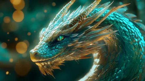 Dragon head rendered in detailed turquoise and gold scales