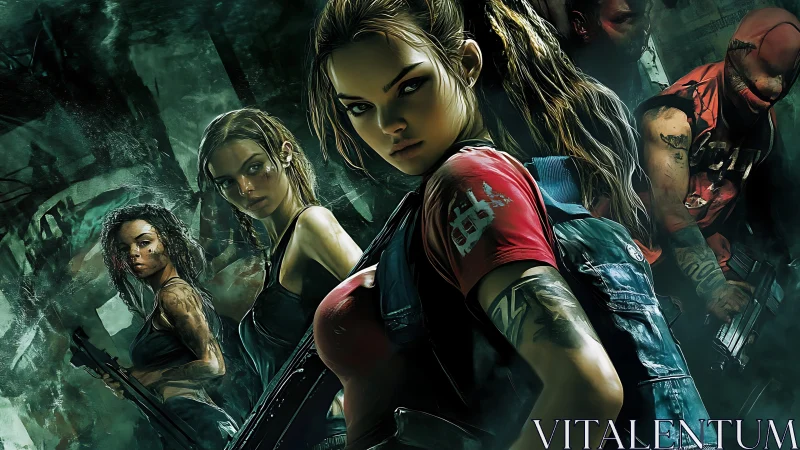 Armed mixed-gender squad in dystopian urban combat setting.