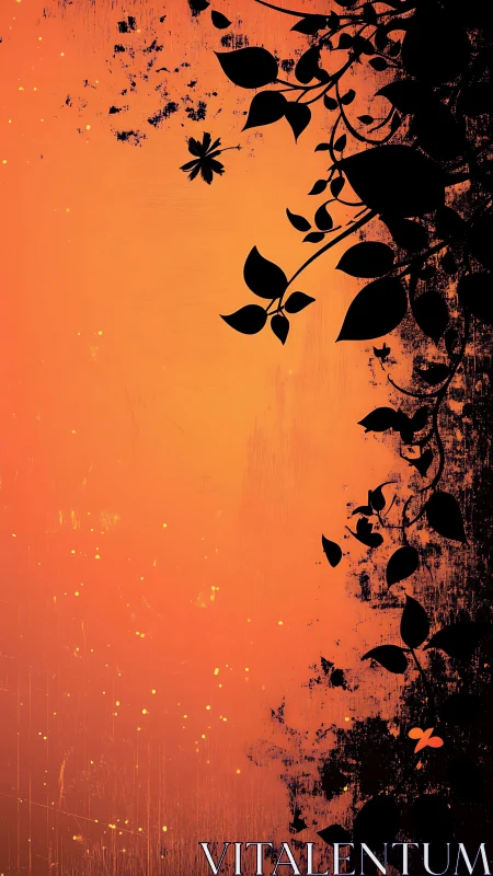 Silhouette foliage against textured orange abstract field.