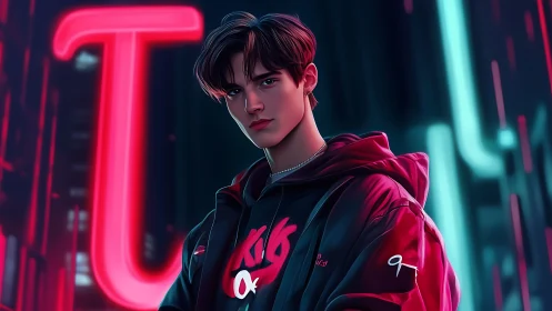 Brooding neon city youth stands in vibrant cyber glow.