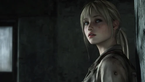 Quiet survivor girl resting in a shadowed doorway.