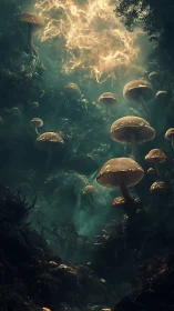 Glowing forest mushrooms rise beneath a stormlit sky veil