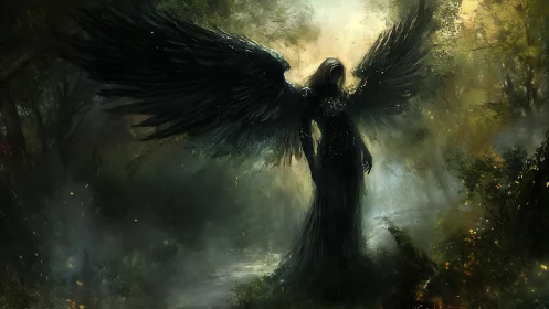 Dark-winged humanoid figure dominates misty backlit forest clearing