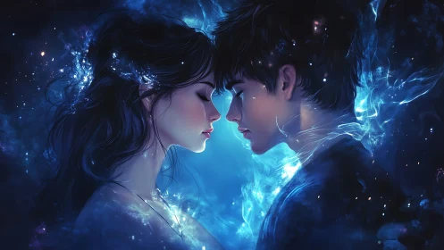 Two figures in profile with luminescent blue energy interaction