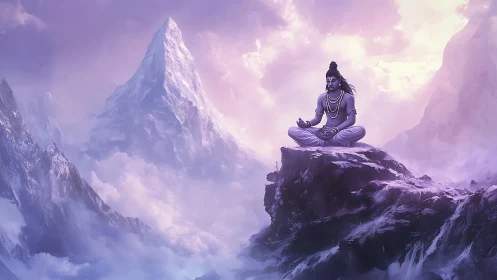 Himalayan peak meditation with blue-skinned ascetic deity