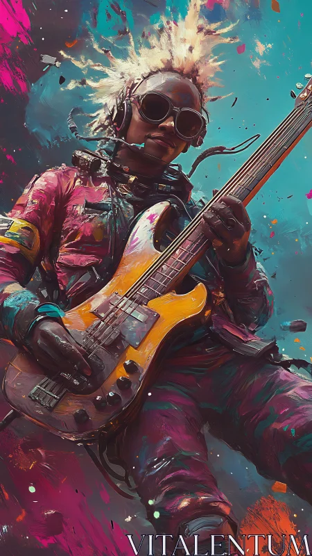 Cosmic punk bassist in neon splatter spacesuit portrait.