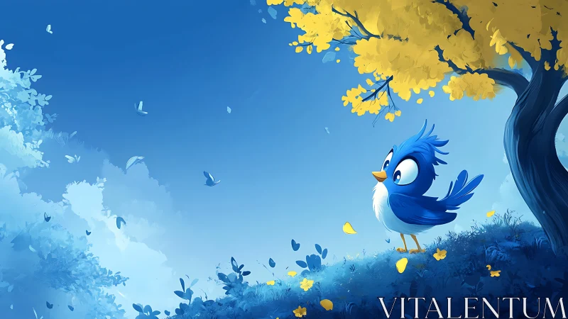 Blue avian character with chromatic feathering stands beneath golden foliage canopy.