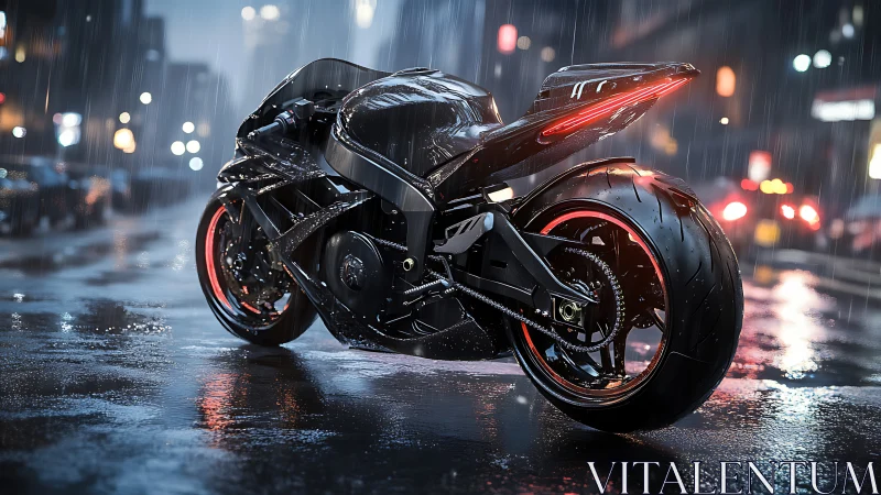 Midnight street racer poised in glistening city rain.