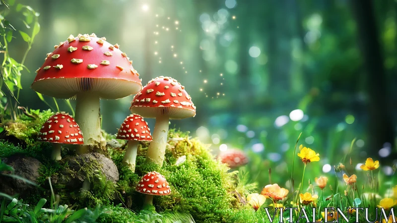 Enchanted red mushrooms glow within sunlit forest moss