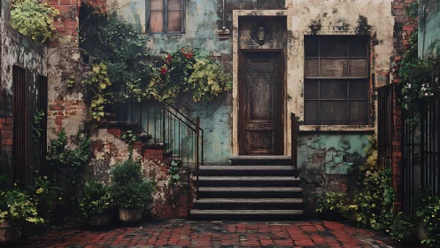 Weathered brick courtyard frames stairway and closed door