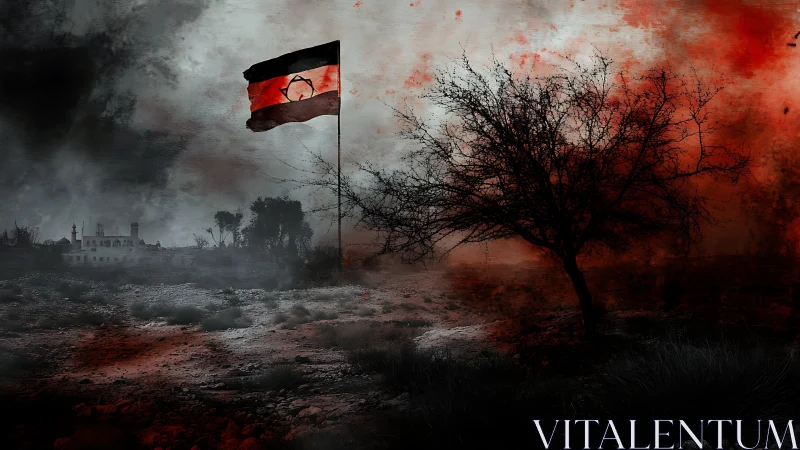 War-torn wasteland with solitary flag and barren tree