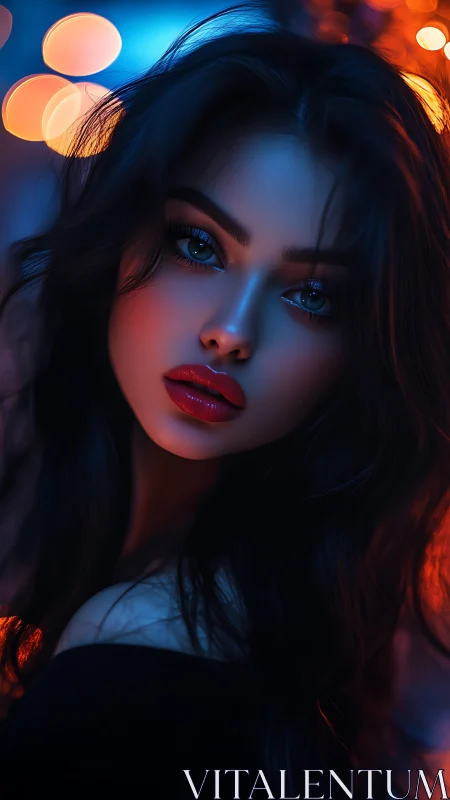 Neon bokeh portrait with dual-tone rim lighting and glossy lips.