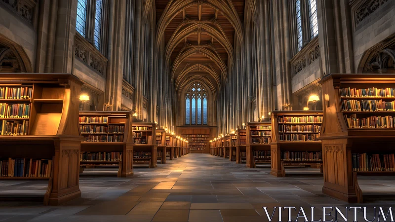 Gothic style library interior with symmetrical wooden stacks.
