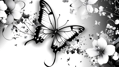 Graceful monochrome butterfly drifts among soft florals