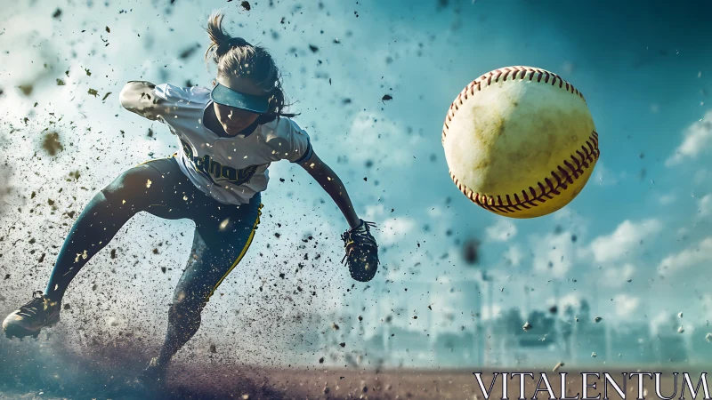 Softball player sliding hard as fastball spins toward camera